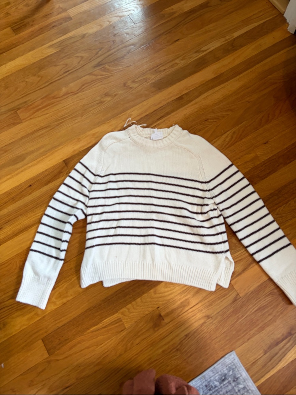 Classic Cream Crewneck Sweater with Navy Stripes